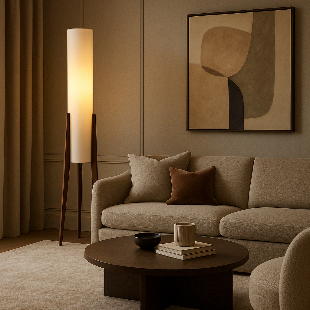 Solid Walnut Wood Floor Lamp with Fabric Shade | Modern Standing Light for Living Room & Bedroom | 3000K Warm White LED | Hardwired Floor | Thomler