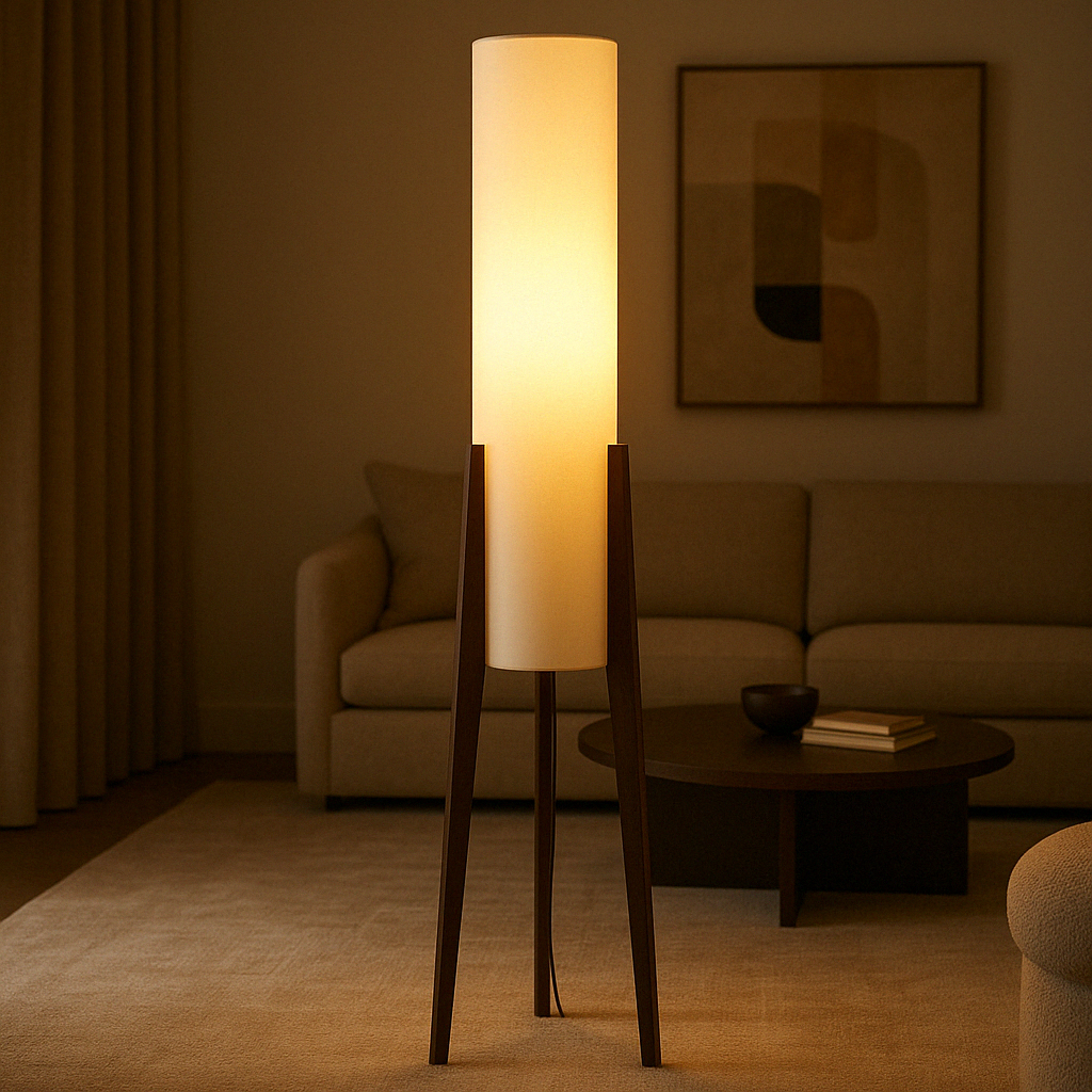 Solid Walnut Wood Floor Lamp with Fabric Shade | Modern Standing Light for Living Room & Bedroom | 3000K Warm White LED | Hardwired Floor | Thomler