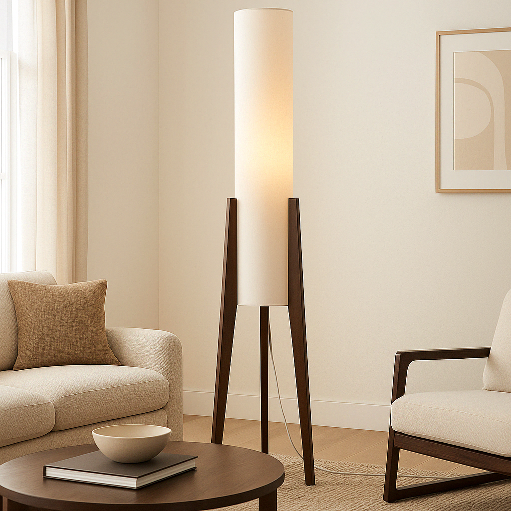 Solid Walnut Wood Floor Lamp with Fabric Shade | Modern Standing Light for Living Room & Bedroom | 3000K Warm White LED | Hardwired Floor | Thomler