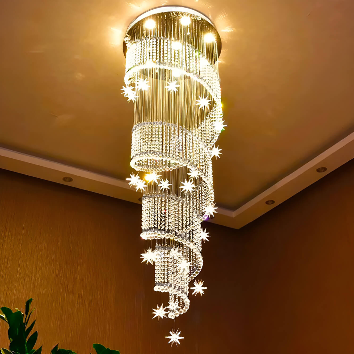 Cascading Crystal Chandelier for Staircase Chrome Finish Modern Raindrop Fixture Foyer Entryway Double-Height Ceiling GU10 LED Compatible | Thomler