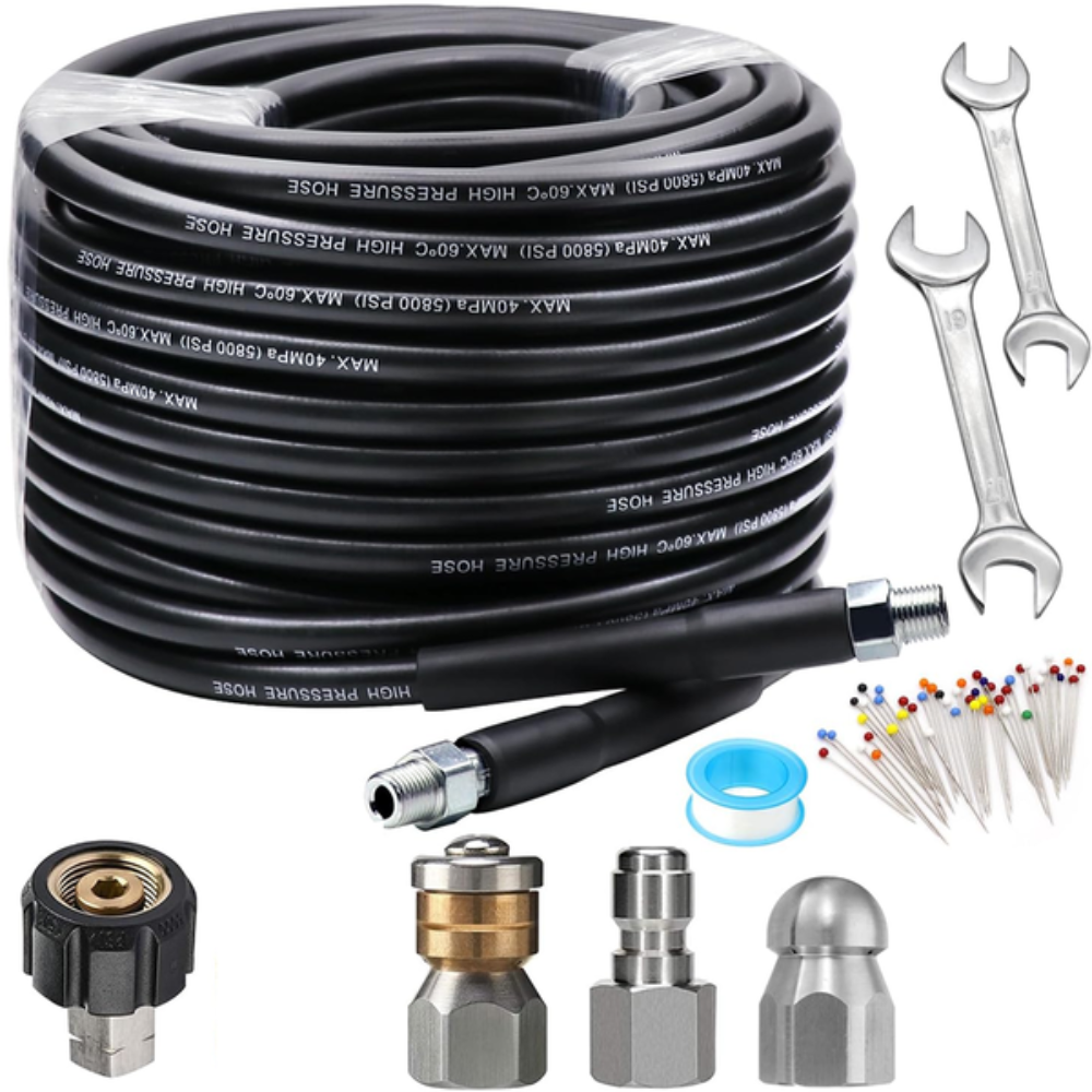 High-Pressure Drain Jetter Hose with Rotating Stainless Steel Nozzle for Pressure Washer Clogs in Sewer Lines Pipes Toilets Sinks | Thomler