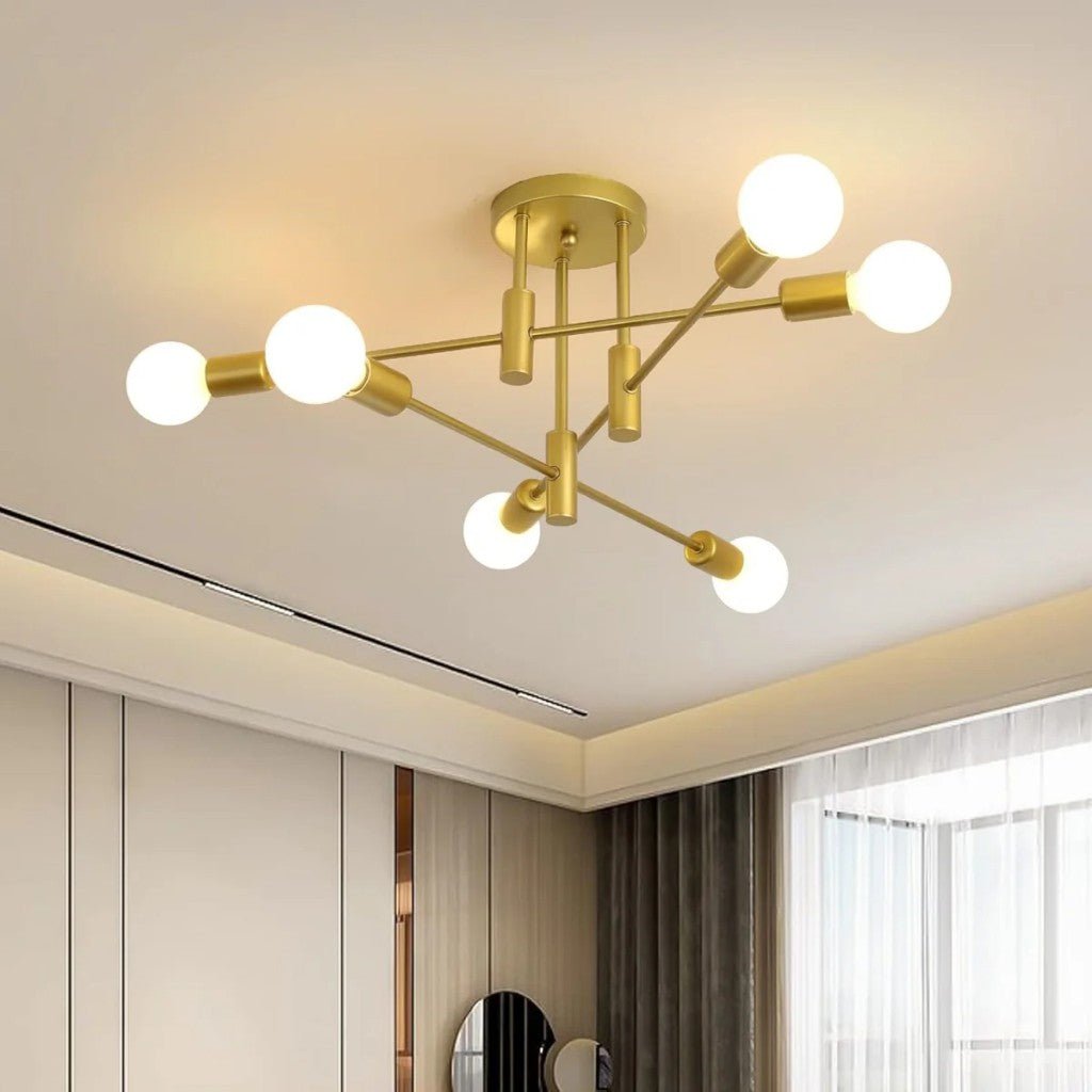 Mid-Century Starburst Flush Mount Ceiling Light | E27 Multi-Arm Modern Fixture for Living Room & Bedroom | 4, 6 or 8 Bulb Configuration | Thomler