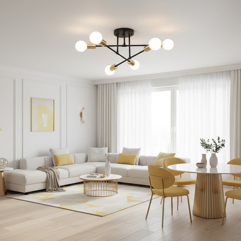 Mid-Century Starburst Flush Mount Ceiling Light | E27 Multi-Arm Modern Fixture for Living Room & Bedroom | 4, 6 or 8 Bulb Configuration | Thomler