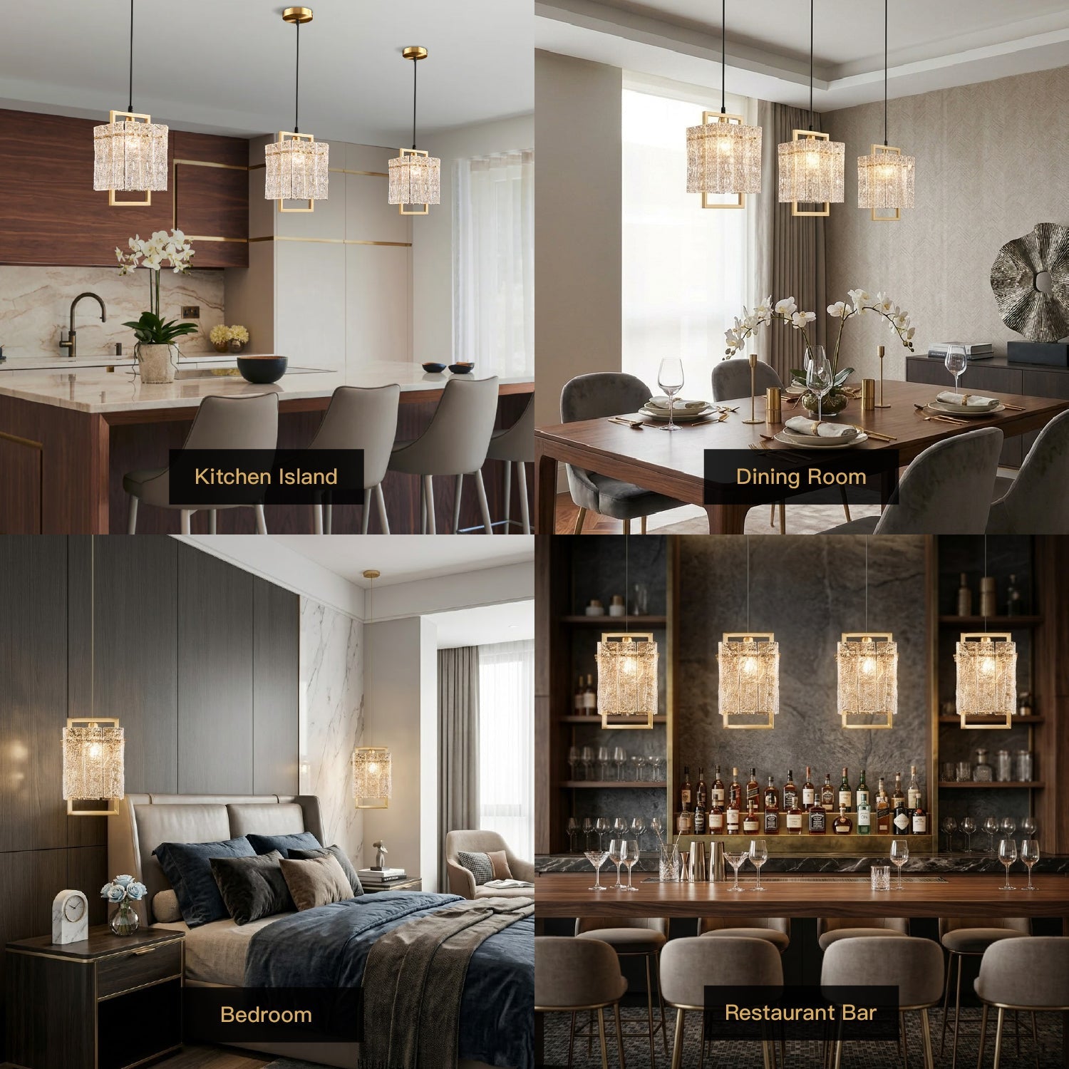 Square Cage Pendant Light Fixture with Textured Glass Shade & Gold Frame for Dining Room, Kitchen Island, Bedroom | Thomler