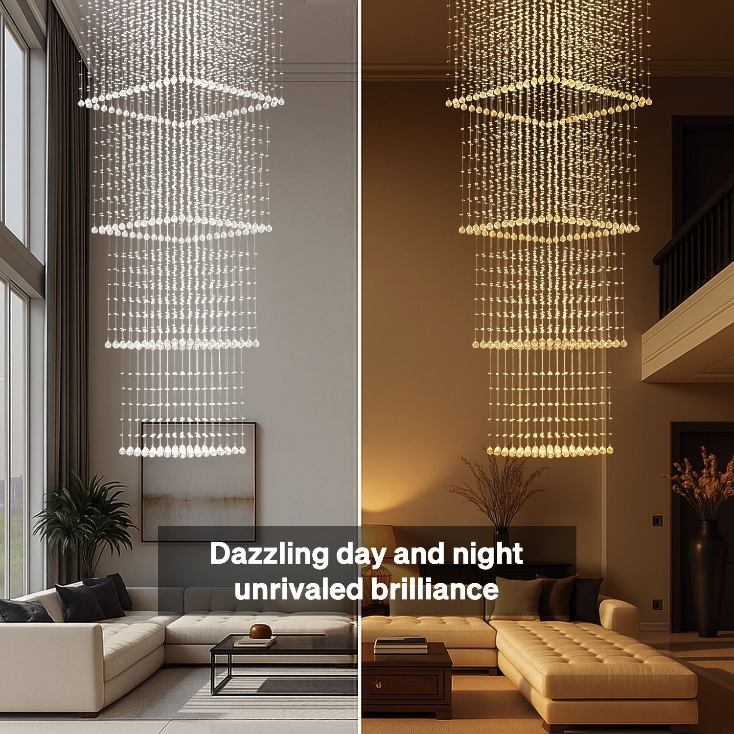 Tiered Square Crystal Chandelier with Cascading Raindrop Pendants for High Ceilings – Chrome Stainless Steel Frame for Foyer Stairway | Thomler