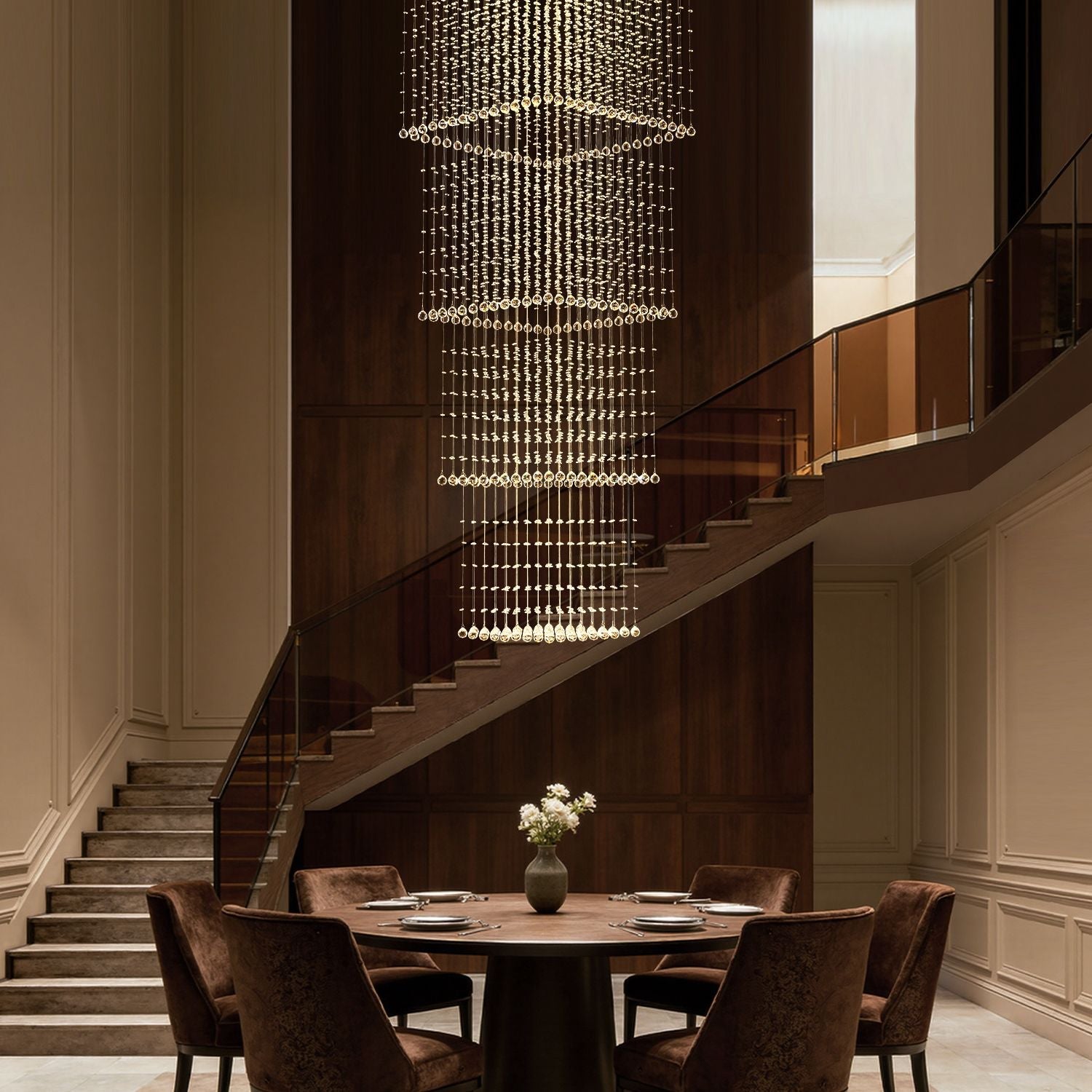 Tiered Square Crystal Chandelier with Cascading Raindrop Pendants for High Ceilings – Chrome Stainless Steel Frame for Foyer Stairway | Thomler