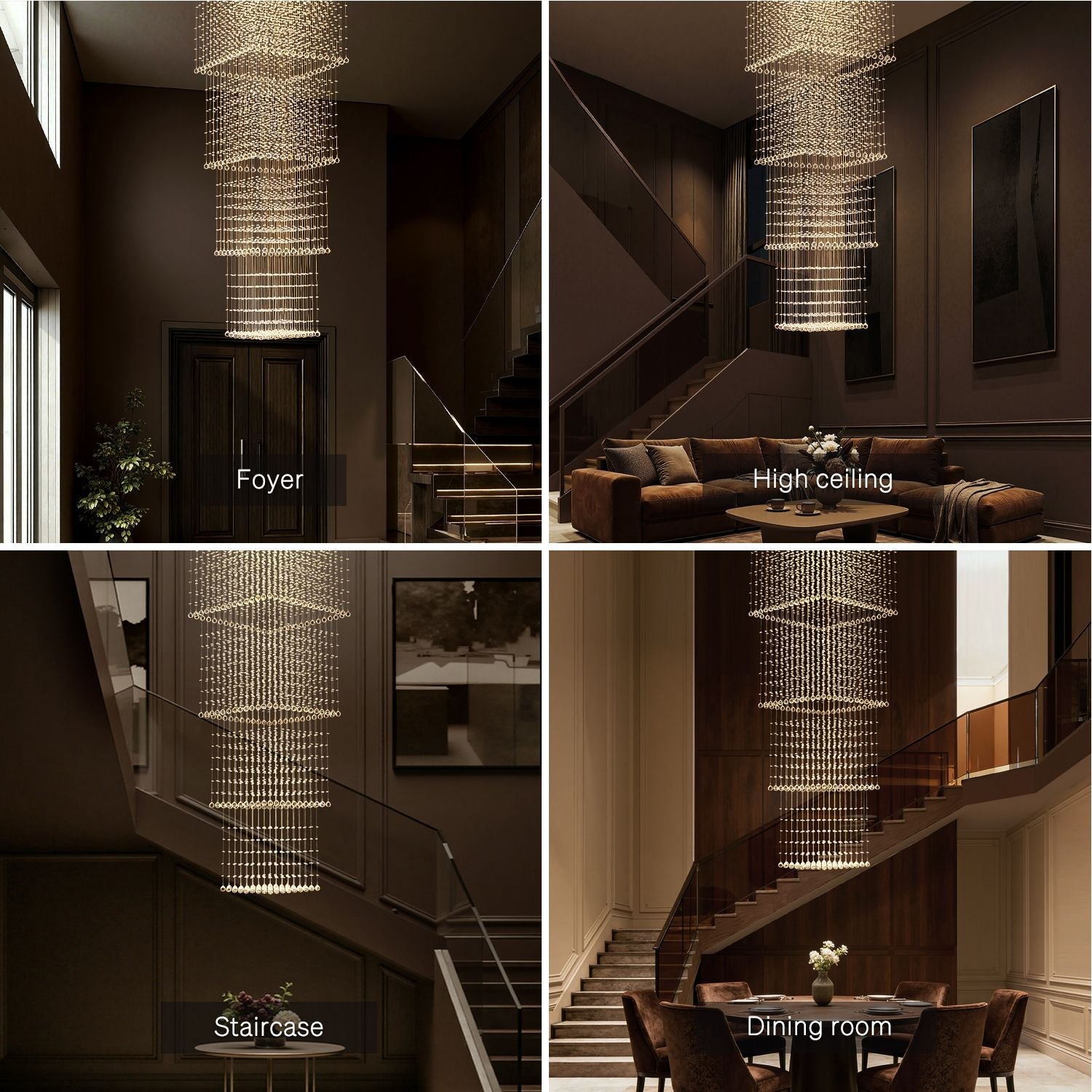 Tiered Square Crystal Chandelier with Cascading Raindrop Pendants for High Ceilings – Chrome Stainless Steel Frame for Foyer Stairway | Thomler