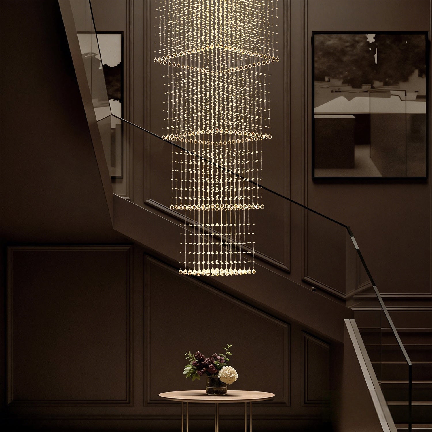 Tiered Square Crystal Chandelier with Cascading Raindrop Pendants for High Ceilings – Chrome Stainless Steel Frame for Foyer Stairway | Thomler