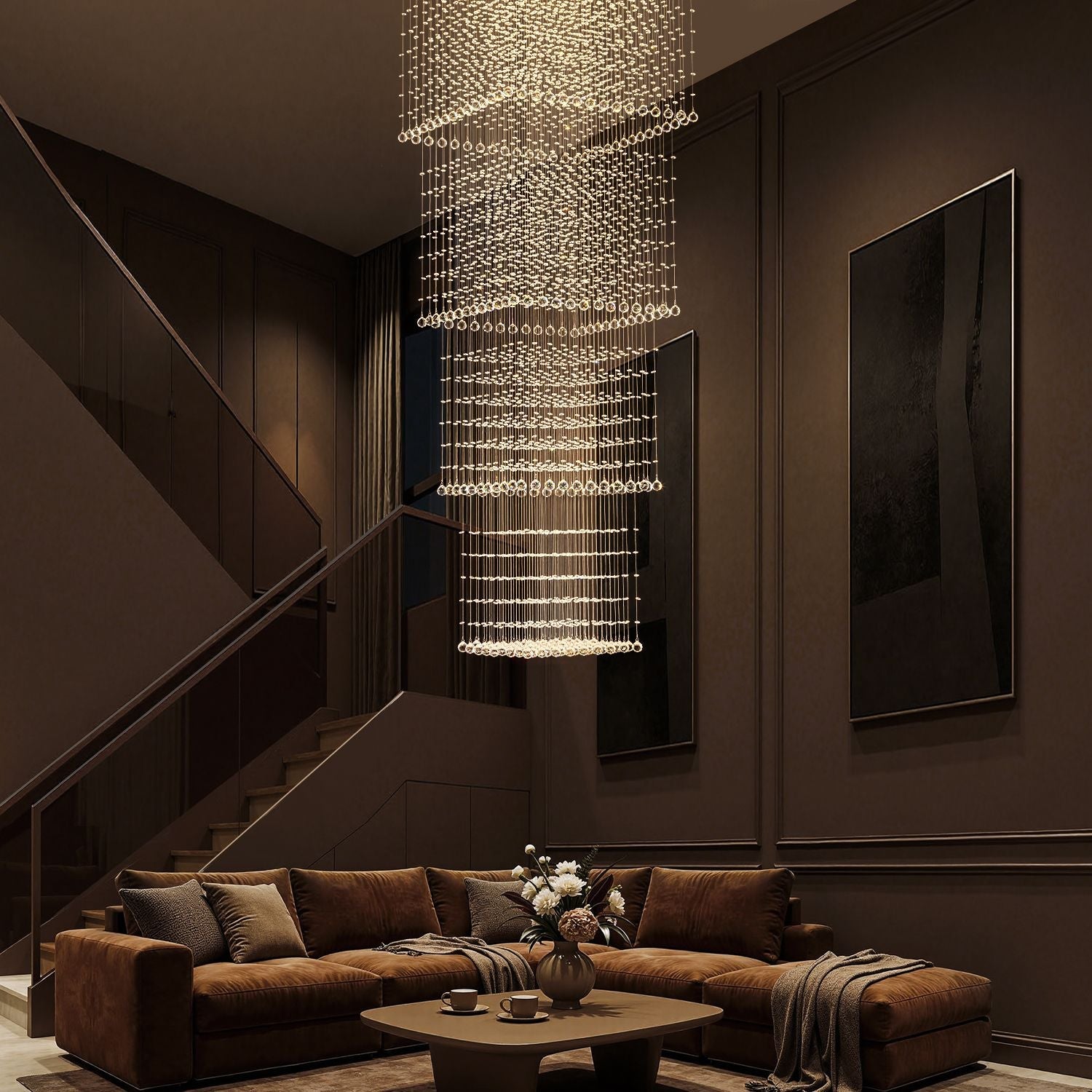 Tiered Square Crystal Chandelier with Cascading Raindrop Pendants for High Ceilings – Chrome Stainless Steel Frame for Foyer Stairway | Thomler