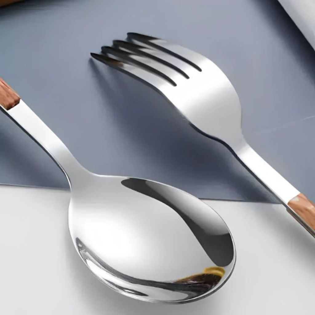 30-Piece Flatware Set Wood-Effect Handles Gold & Silver Finish for 6 Service for Family Dining Everyday Tableware Dinnerware | Thomler