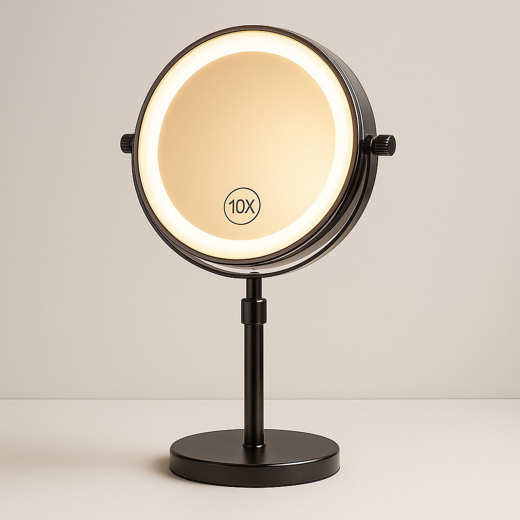 Rechargeable Vanity Mirror with 10X Magnification & Adjustable Height for Countertop Makeup Application | Thomler