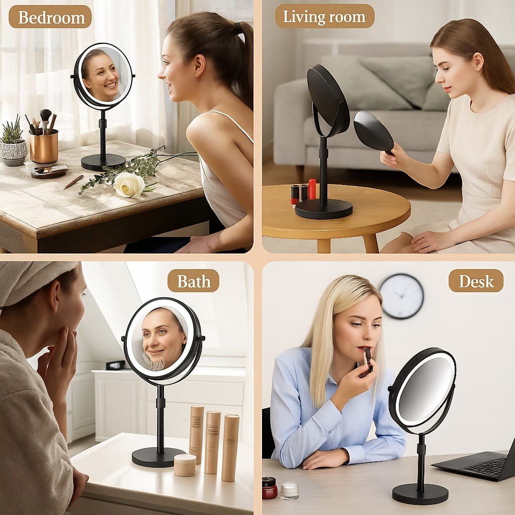 Rechargeable Vanity Mirror with 10X Magnification & Adjustable Height for Countertop Makeup Application | Thomler