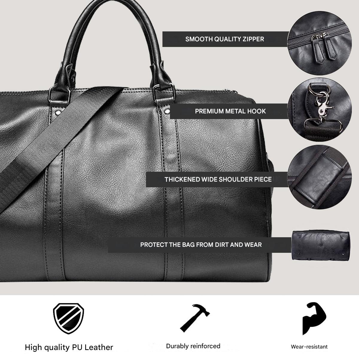 Weekender Overnight Bag in Vegan Leather – Roomy Interior with Shoulder Strap & Padded Grips for Airport Travel | Thomler