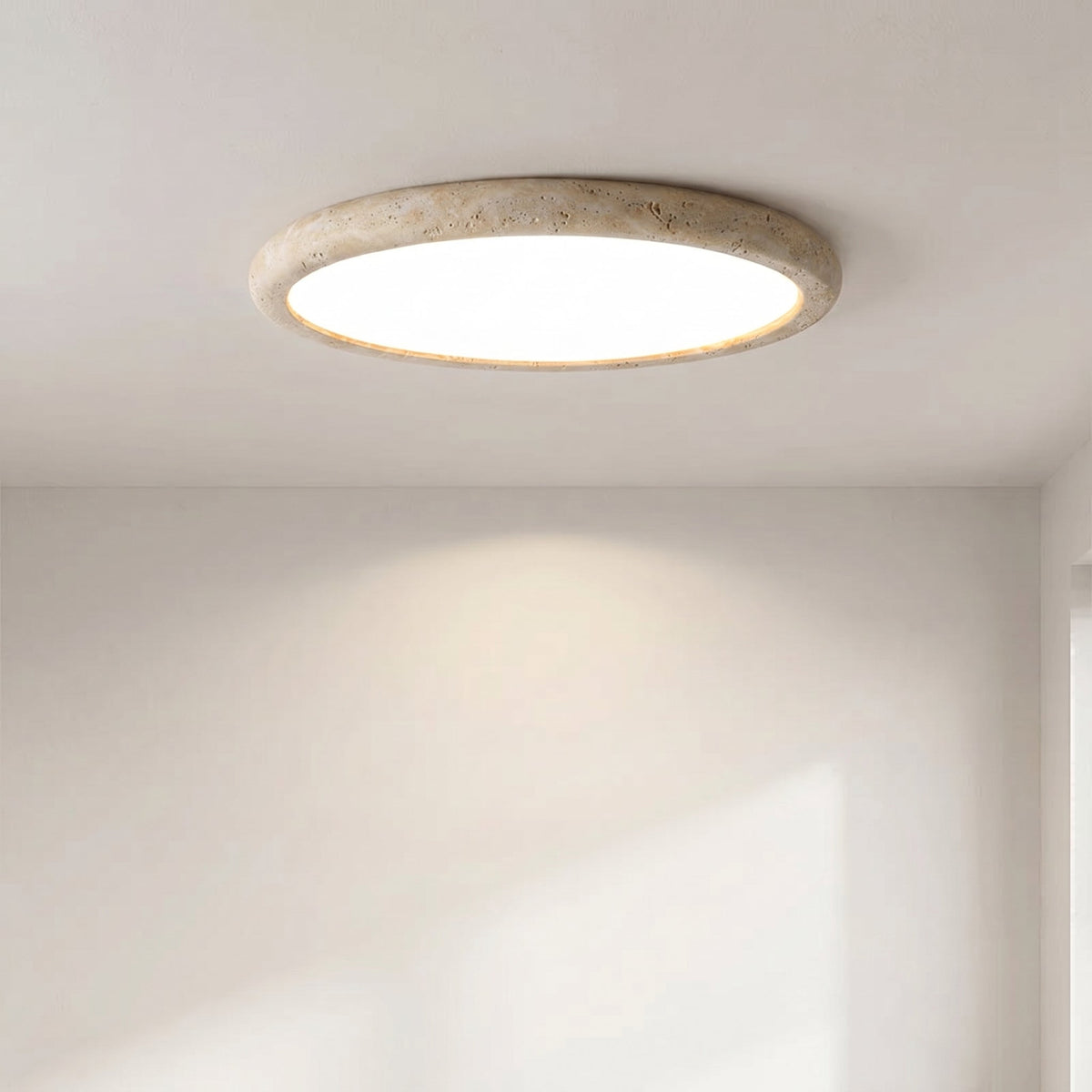 Natural Travertine Stone Ceiling Light – Round Flush Mount Fixture, Warm LED Glow for Bedroom, Living Room & Modern Interiors | Thomler