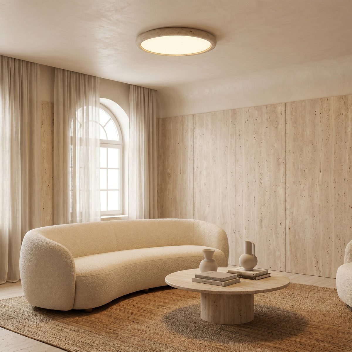 Natural Travertine Stone Ceiling Light – Round Flush Mount Fixture, Warm LED Glow for Bedroom, Living Room & Modern Interiors | Thomler