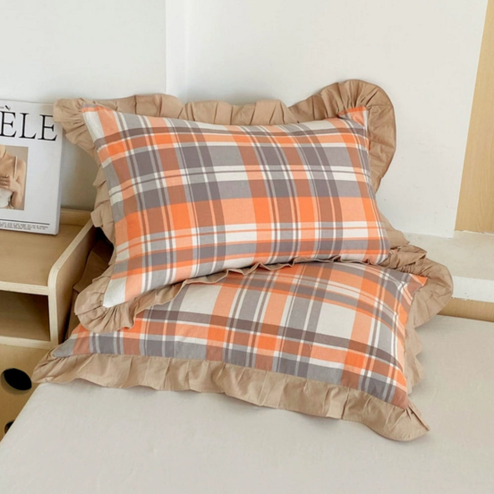 Queen Microfiber Pillowcase with Ruffle Trim & Zipper Closure – Vintage Stripe Pattern for Bedroom Décor – Soft Breathable Fabric | Thomler
