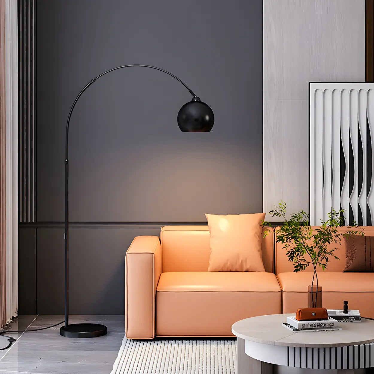 Floor Lamp Chrome Metal 180.0 cm Black Living Room Reading Light Adjustable Arc Standing Lamp With Dome Shade | Thomler