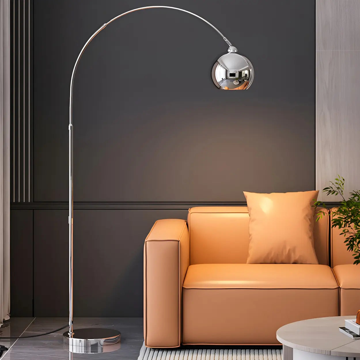 Floor Lamp Chrome Metal 180.0 cm Black Living Room Reading Light Adjustable Arc Standing Lamp With Dome Shade | Thomler