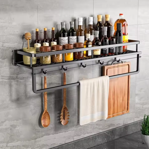 Kitchen Wall Rack Metal 50.0 cm Black Storage Organiser Spice Shelf Towel Holder Utensil Hanging Rack For Kitchen | Thomler