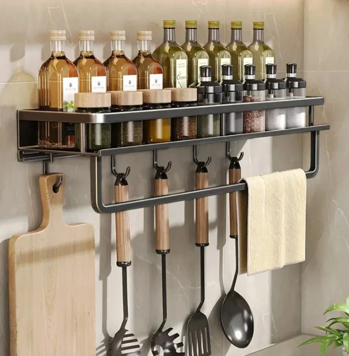 Kitchen Wall Rack Metal 50.0 cm Black Storage Organiser Spice Shelf Towel Holder Utensil Hanging Rack For Kitchen | Thomler