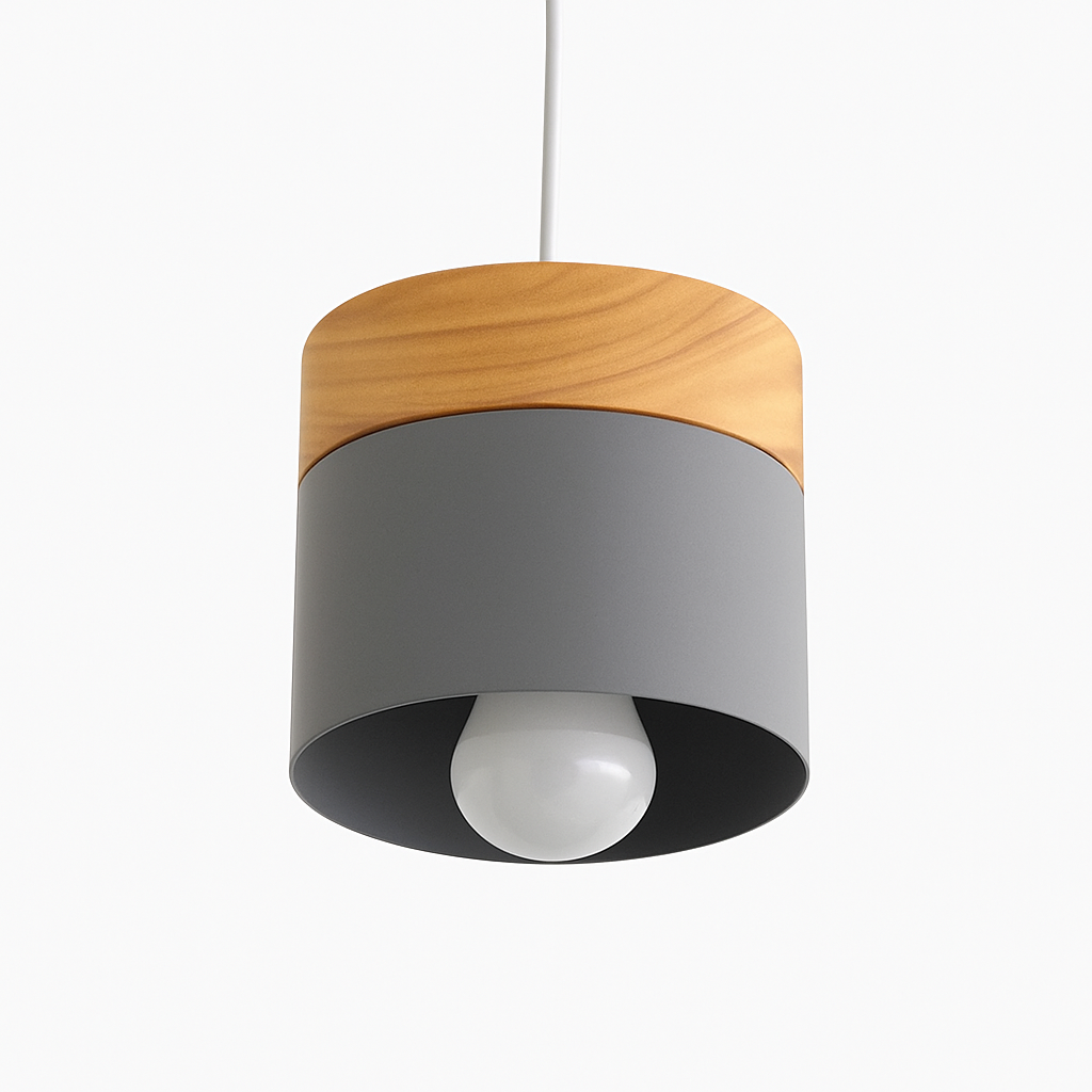 Cylinder Pendant Light with Wood Top and Metal Shade for Kitchen Island | Modern Scandinavian Hanging Fixture with Adjustable Cord for | Thomler