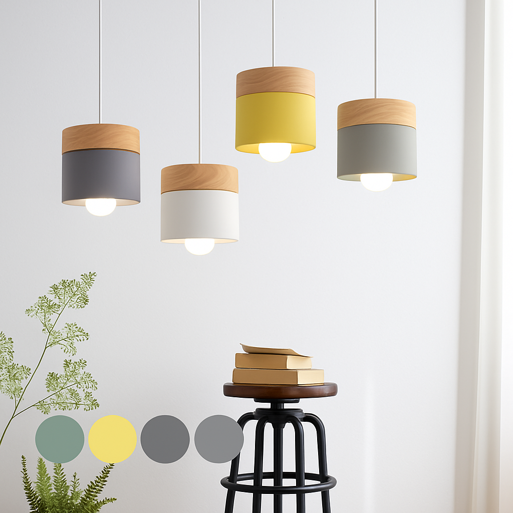Cylinder Pendant Light with Wood Top and Metal Shade for Kitchen Island | Modern Scandinavian Hanging Fixture with Adjustable Cord for | Thomler