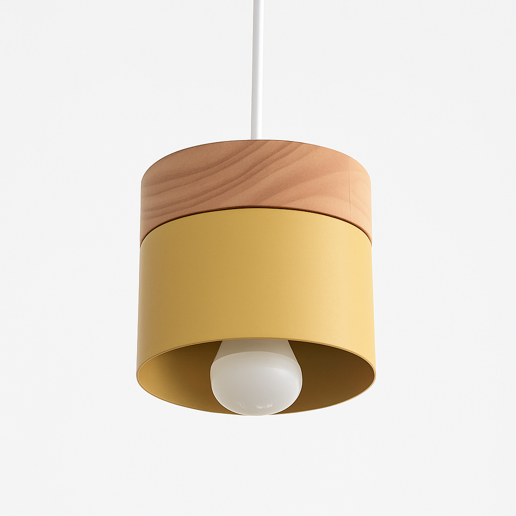 Cylinder Pendant Light with Wood Top and Metal Shade for Kitchen Island | Modern Scandinavian Hanging Fixture with Adjustable Cord for | Thomler