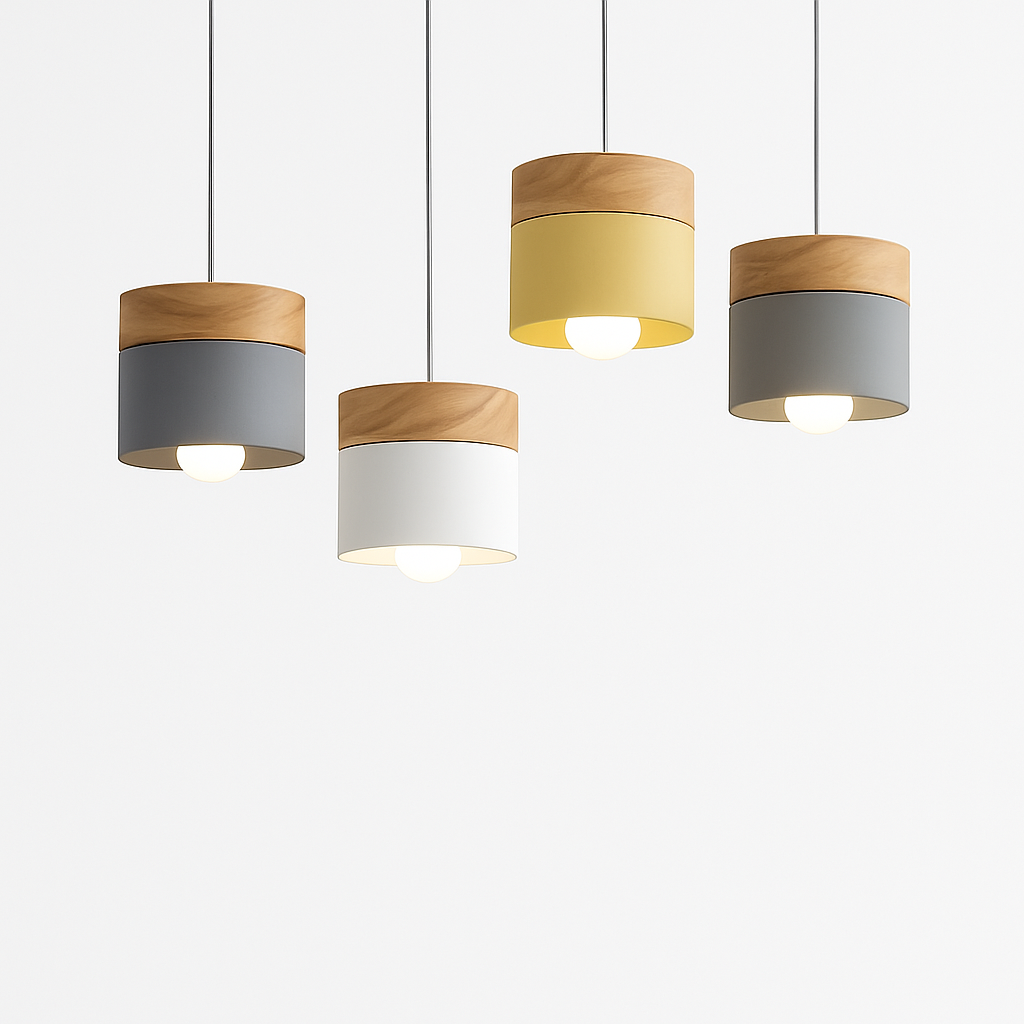 Cylinder Pendant Light with Wood Top and Metal Shade for Kitchen Island | Modern Scandinavian Hanging Fixture with Adjustable Cord for | Thomler