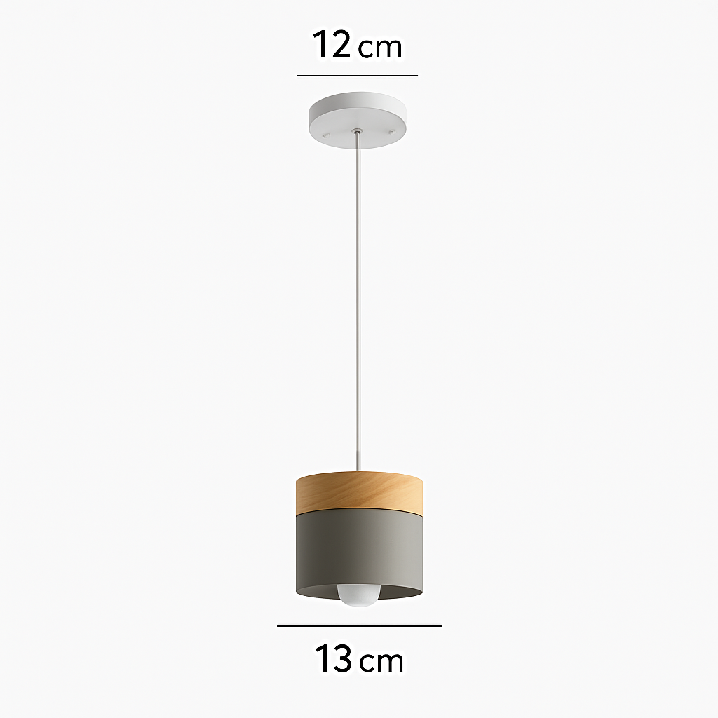Cylinder Pendant Light with Wood Top and Metal Shade for Kitchen Island | Modern Scandinavian Hanging Fixture with Adjustable Cord for | Thomler
