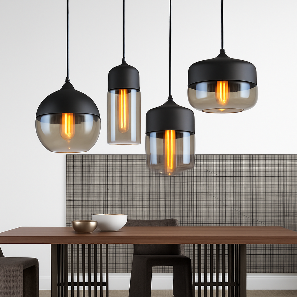 Industrial Glass & Metal Pendant Light for Kitchen Island, Dining Room & Bar | Modern Loft Hanging Fixture with Cord, E27 Socket, Amber or | Thomler
