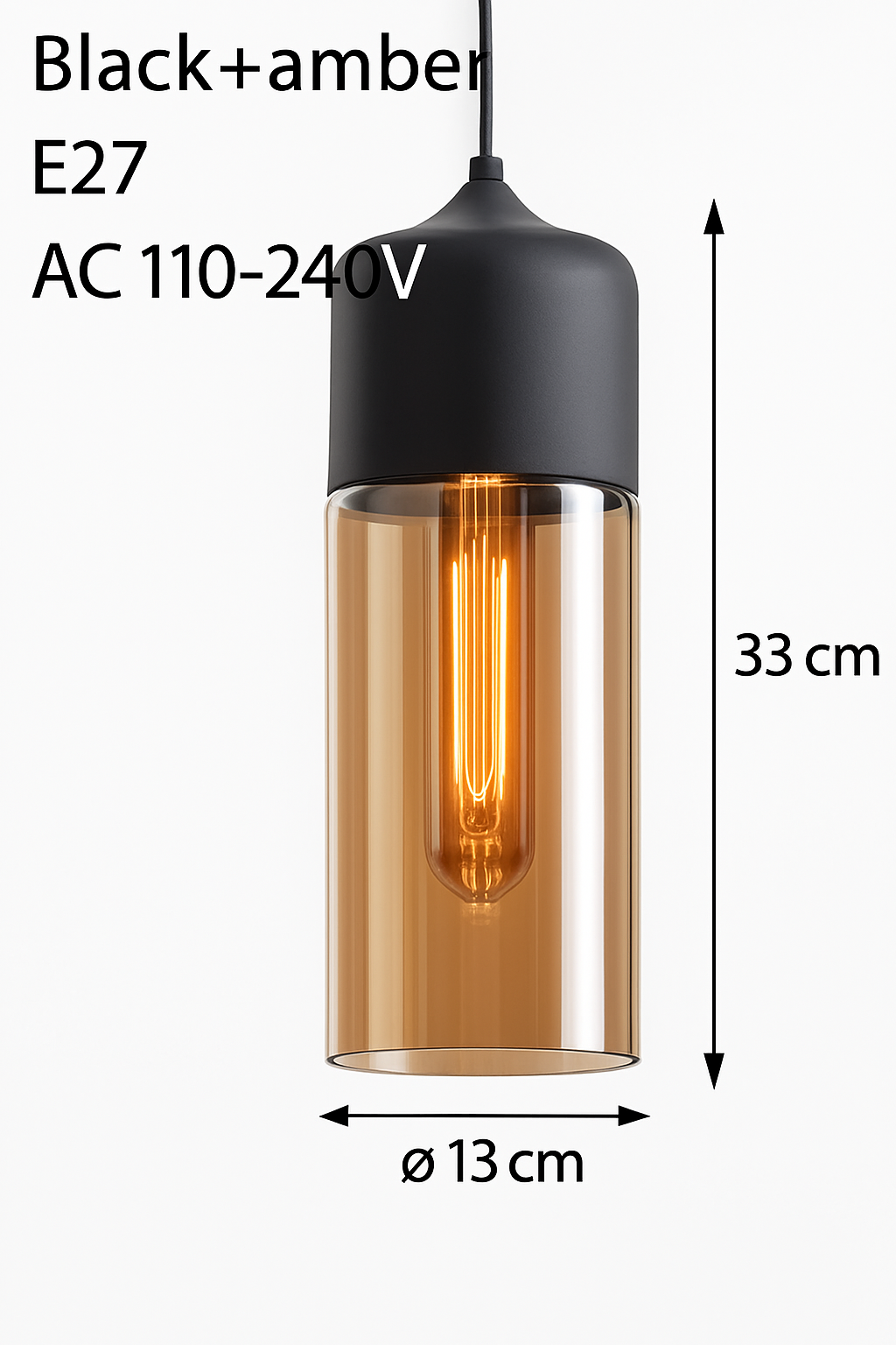 Industrial Glass & Metal Pendant Light for Kitchen Island, Dining Room & Bar | Modern Loft Hanging Fixture with Cord, E27 Socket, Amber or | Thomler