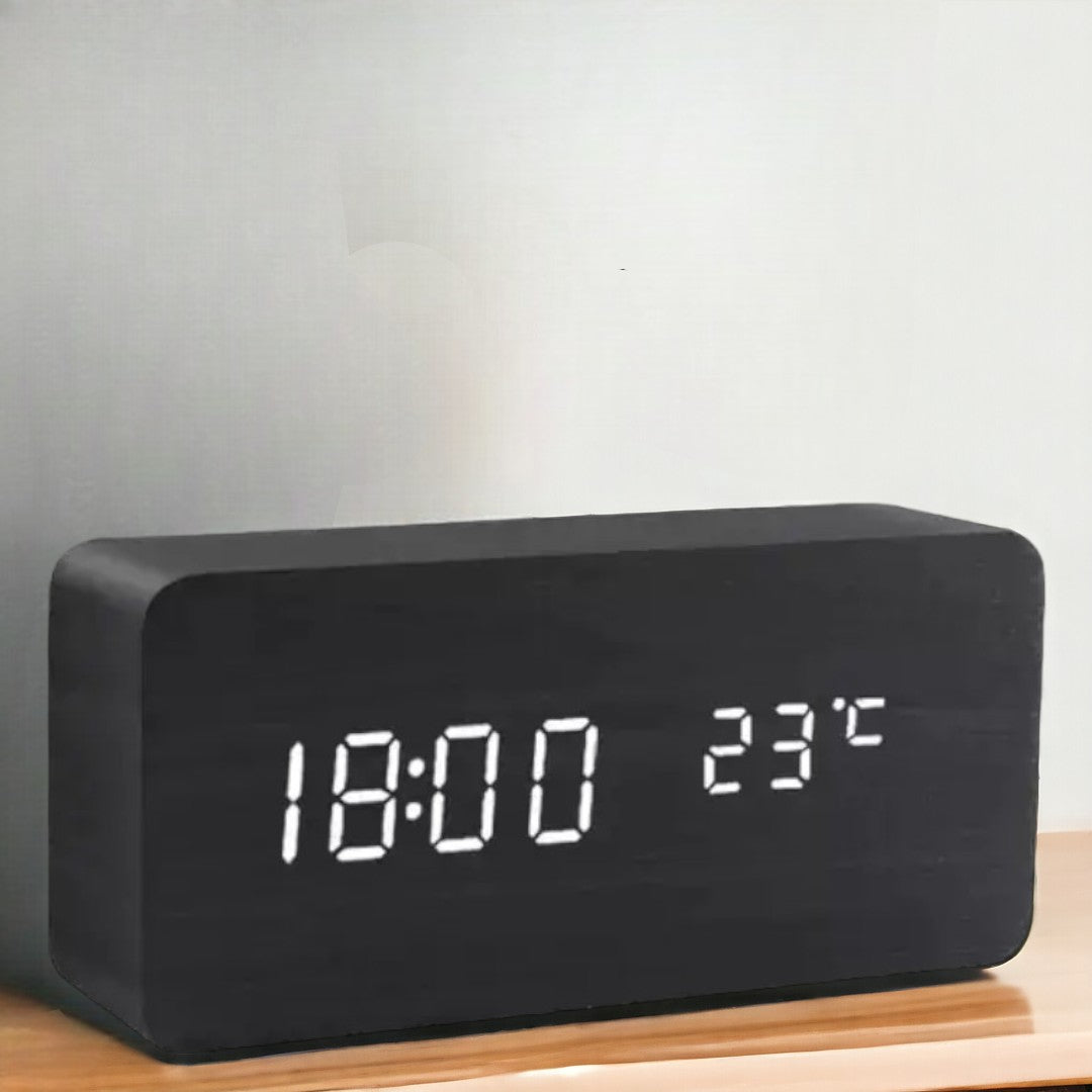 Voice-Activated Digital Alarm Clock with LED Temperature Display, Wood Grain Finish for Bedroom Nightstand, Triple Alarm System for Heavy | Thomler