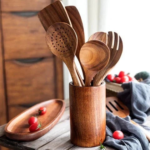 Countertop Utensil Crock Organizer Natural Teak Wood Kitchen Tool Caddy Holder for Cooking Spoons Spatulas Whisks | Thomler