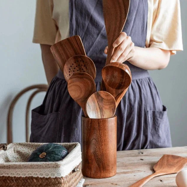 Countertop Utensil Crock Organizer Natural Teak Wood Kitchen Tool Caddy Holder for Cooking Spoons Spatulas Whisks | Thomler