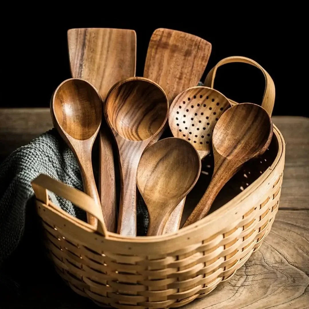 Natural Wood Cooking Utensil Set – Non-Scratch Tools for Nonstick Pans, Heat-Resistant Spatulas & Spoons, Handcrafted Kitchen Essentials | Thomler