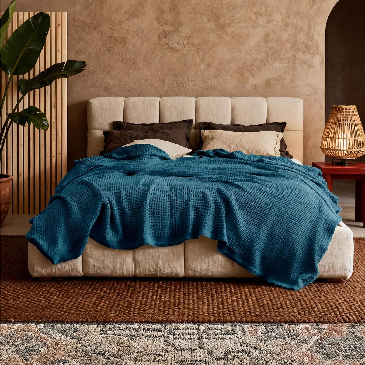 Pure Cotton Thermal Blanket – Queen 90×90 in – Textured Weave Layer for All Seasons – Lightweight & Breathable Throw for Bed or Sofa | Thomler