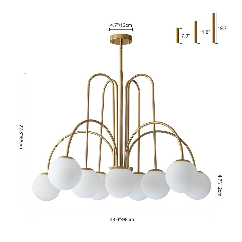 Chandelier Metal Glass 98.0 cm Black Brass Dining Room Living Room 10 Light Opal Globe Dimmable Ceiling Pendant | Thomler