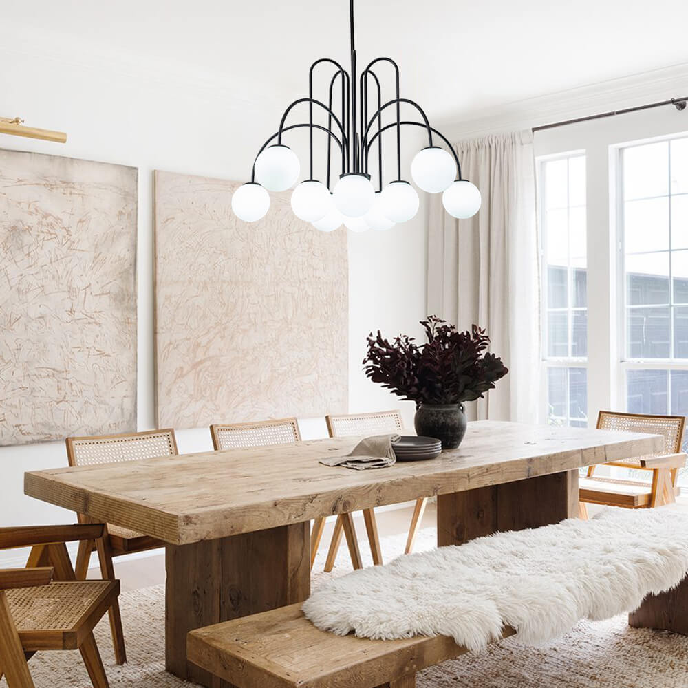 Chandelier Metal Glass 98.0 cm Black Brass Dining Room Living Room 10 Light Opal Globe Dimmable Ceiling Pendant | Thomler