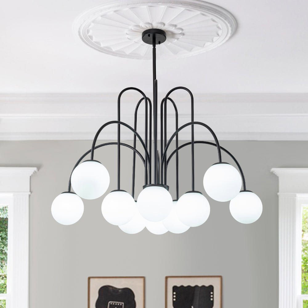 Chandelier Metal Glass 98.0 cm Black Brass Dining Room Living Room 10 Light Opal Globe Dimmable Ceiling Pendant | Thomler