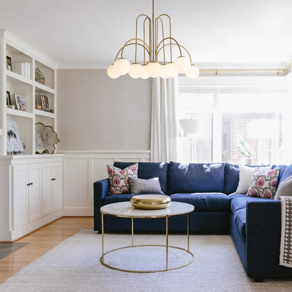 Chandelier Metal Glass 98.0 cm Black Brass Dining Room Living Room 10 Light Opal Globe Dimmable Ceiling Pendant | Thomler