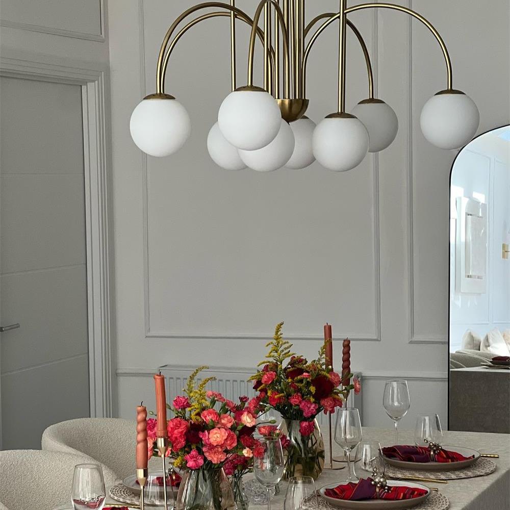 Chandelier Metal Glass 98.0 cm Black Brass Dining Room Living Room 10 Light Opal Globe Dimmable Ceiling Pendant | Thomler