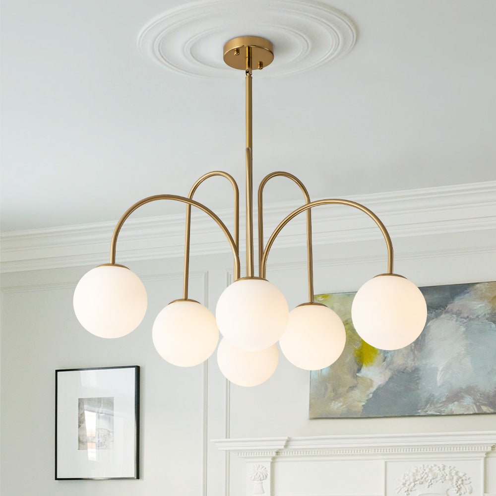 Chandelier Metal Glass 98.0 cm Black Brass Dining Room Living Room 10 Light Opal Globe Dimmable Ceiling Pendant | Thomler