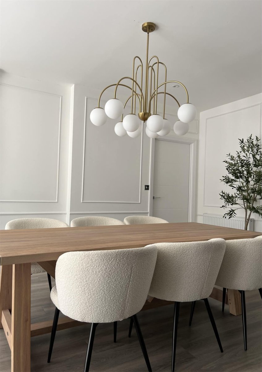 Chandelier Metal Glass 98.0 cm Black Brass Dining Room Living Room 10 Light Opal Globe Dimmable Ceiling Pendant | Thomler