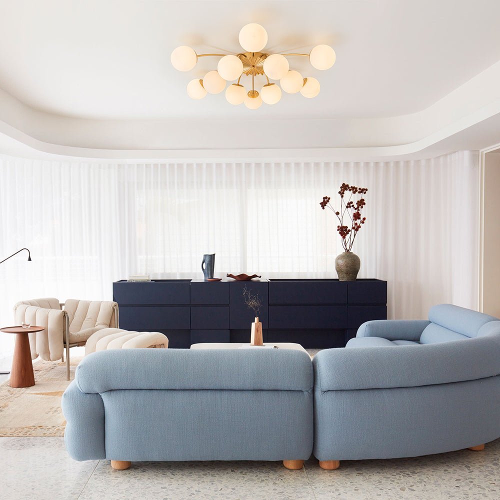Ceiling Lamp Metal And Glass 100.0 cm Brass Living Room Dining Room 12 Light Dimmable Semi Flush Opal Globe Fixture | Thomler