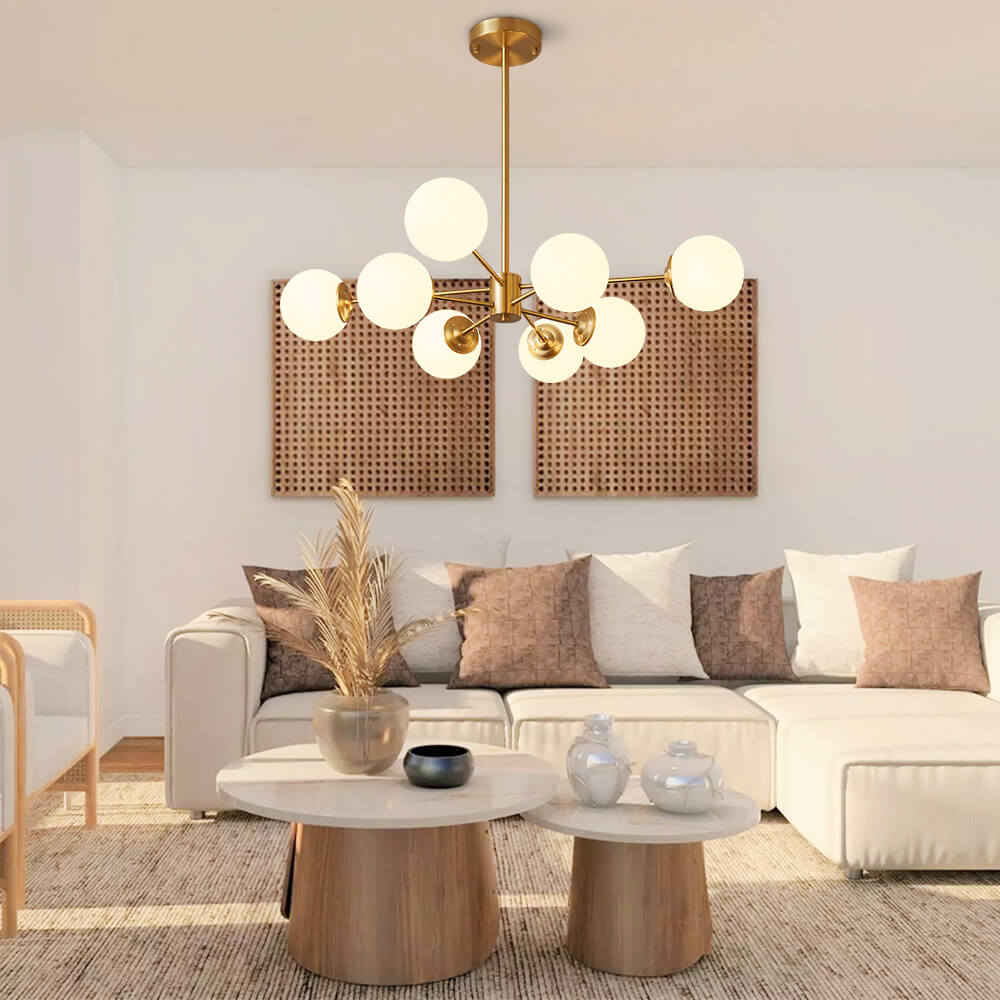 Chandelier Metal Glass 90.0 cm Gold Or Black Dining Room Sputnik Pendant Light Opal Globe Dimmable Ceiling Fixture | Thomler