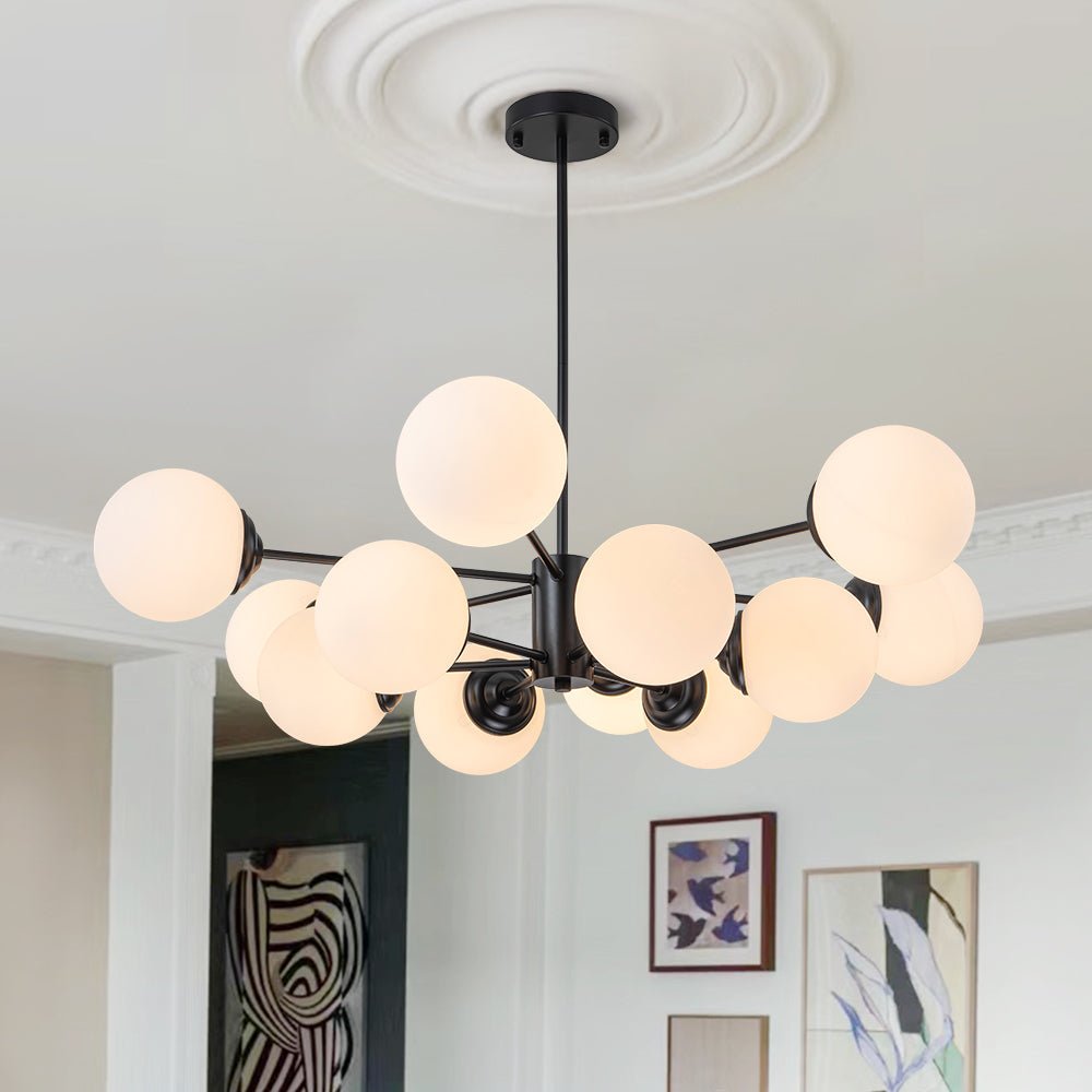 Chandelier Metal Glass 90.0 cm Gold Or Black Dining Room Sputnik Pendant Light Opal Globe Dimmable Ceiling Fixture | Thomler