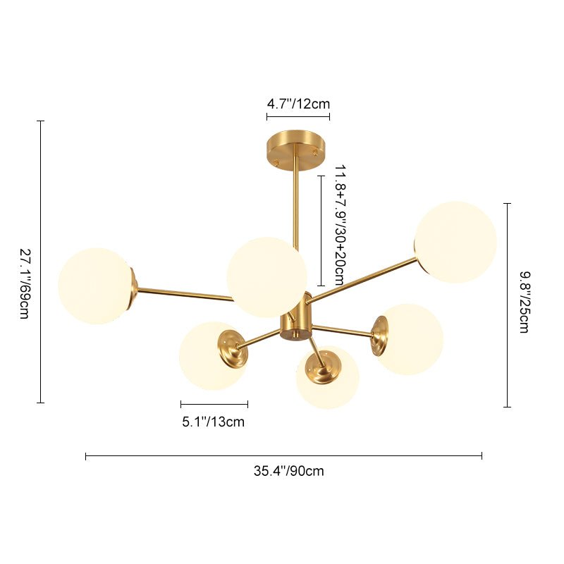 Chandelier Metal Glass 90.0 cm Gold Or Black Dining Room Sputnik Pendant Light Opal Globe Dimmable Ceiling Fixture | Thomler