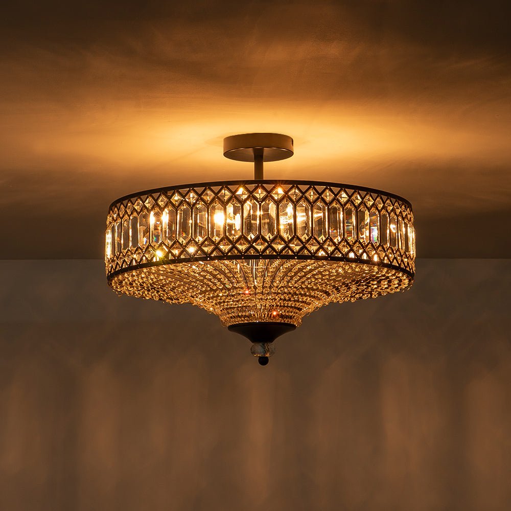 Ceiling Lamp Crystal 50.0 cm Round Drum Black Brass Living Room Bedroom Flush Mount Light Fixture E14 Dimmable | Thomler