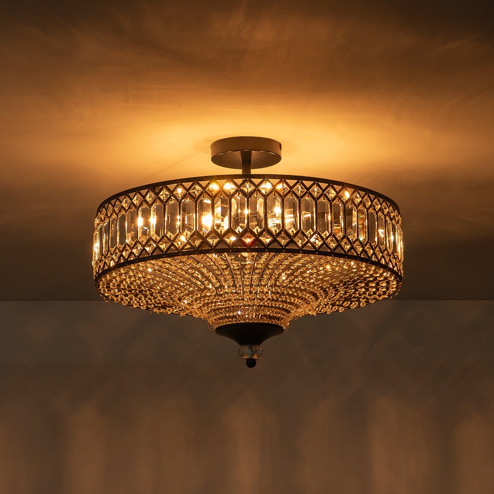 Ceiling Lamp Crystal 50.0 cm Round Drum Black Brass Living Room Bedroom Flush Mount Light Fixture E14 Dimmable | Thomler