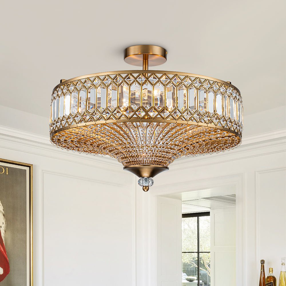 Ceiling Lamp Crystal 50.0 cm Round Drum Black Brass Living Room Bedroom Flush Mount Light Fixture E14 Dimmable | Thomler